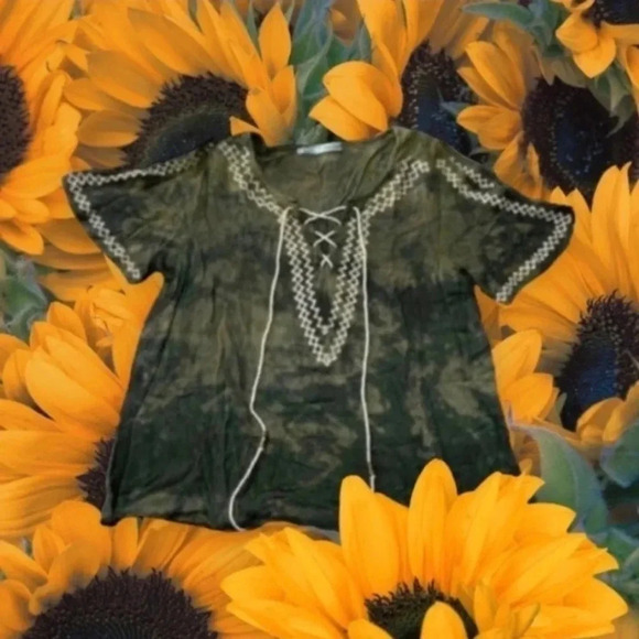 Green Tie‎ Dye Cropped Blouse Embroidered Tassels Peasant Boho Fairycore Small - Picture 3 of 12